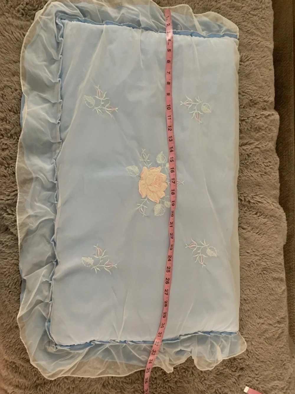 Vtg Leacril Layover Pillow Sham Light Blue Ruffle Roses Granny Victorian